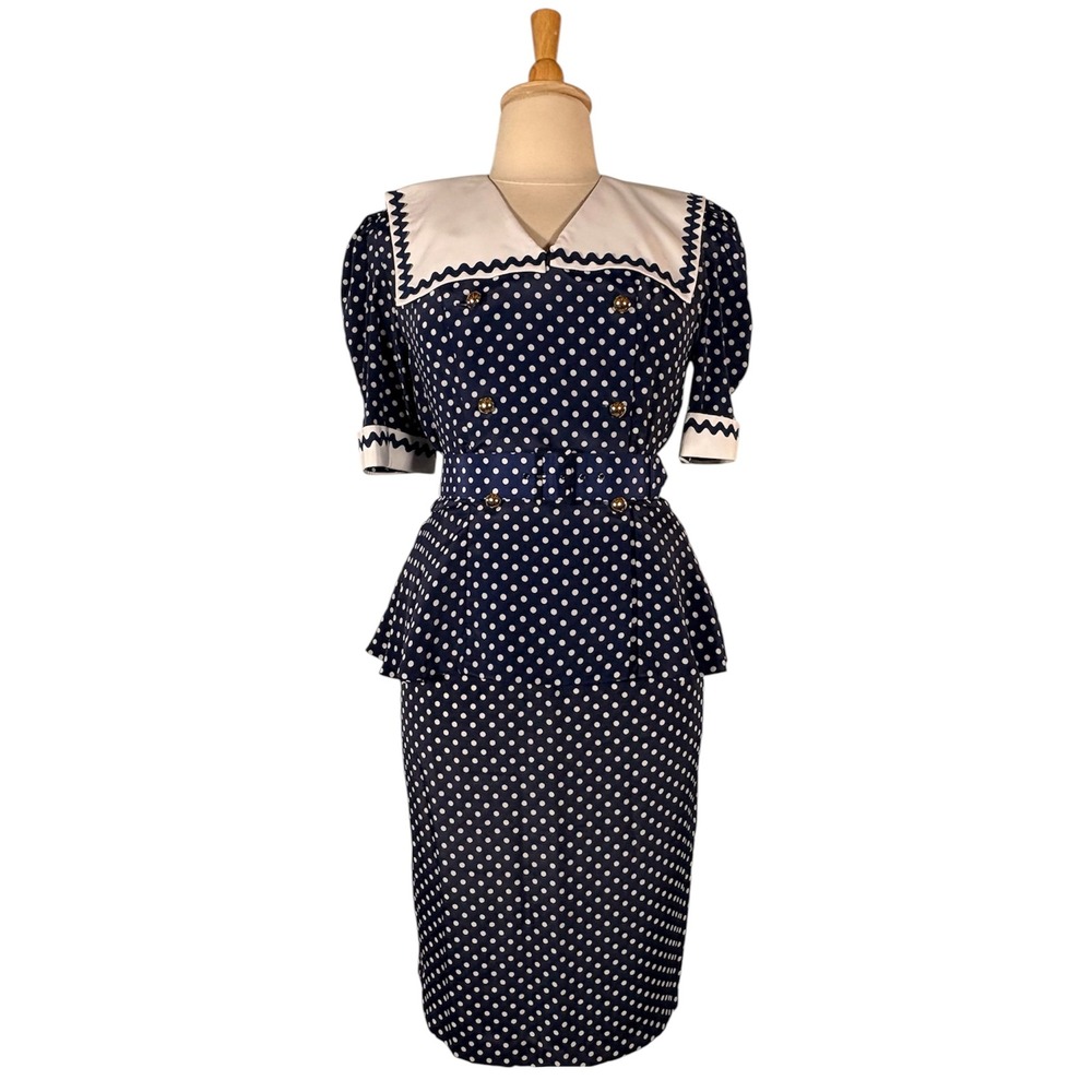 Vintage 80s Polka Dot Skirt Set Women's 14 Belted Jacket Pencil Skirt Retro Chic